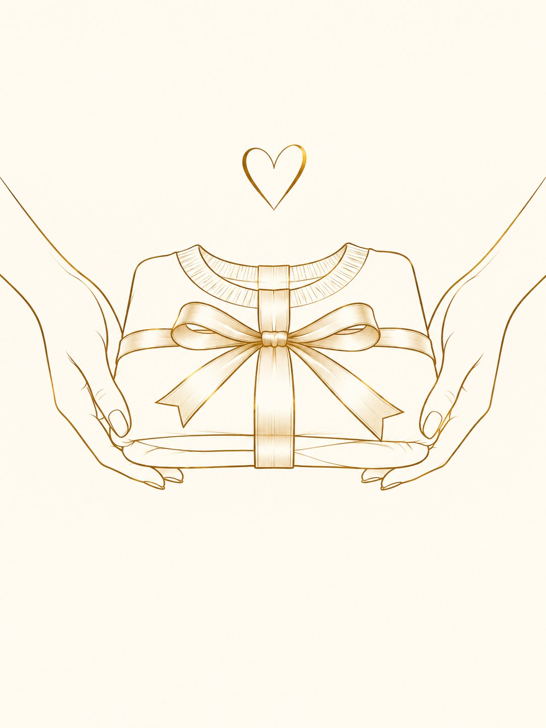 Gold line illustration of hands offering a ribbon-tied garment with a heart above