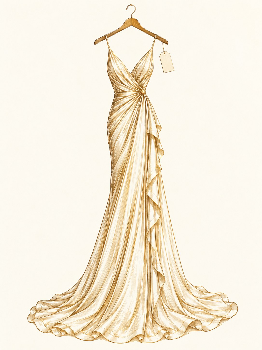 Gold line illustration of a couture gown on a hanger